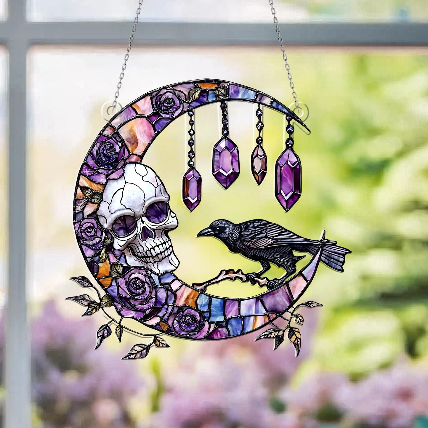 Skull & Raven Gothic Moon Window Hanging – Witchy Crystal Sun Catcher, Halloween Wall Decor, Boho Witch Home Decor, Spiritual Gothic Gift