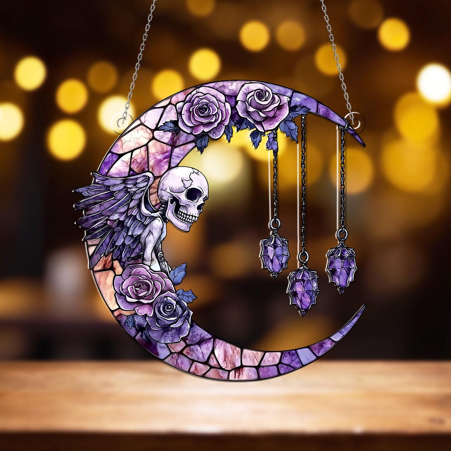 Gothic Moon Window Hanging with Skull & Angel Wings – Witchy Crystal Sun Catcher, Halloween Wall Decor, Boho Gothic Witch Home Decoration