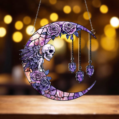 Gothic Moon Window Hanging with Skull & Angel Wings – Witchy Crystal Sun Catcher, Halloween Wall Decor, Boho Gothic Witch Home Decoration
