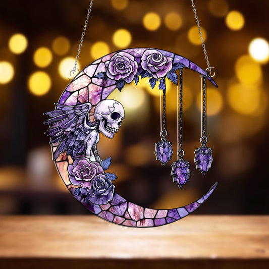 Gothic Moon Window Hanging with Skull & Angel Wings – Witchy Crystal Sun Catcher, Halloween Wall Decor, Boho Gothic Witch Home Decoration