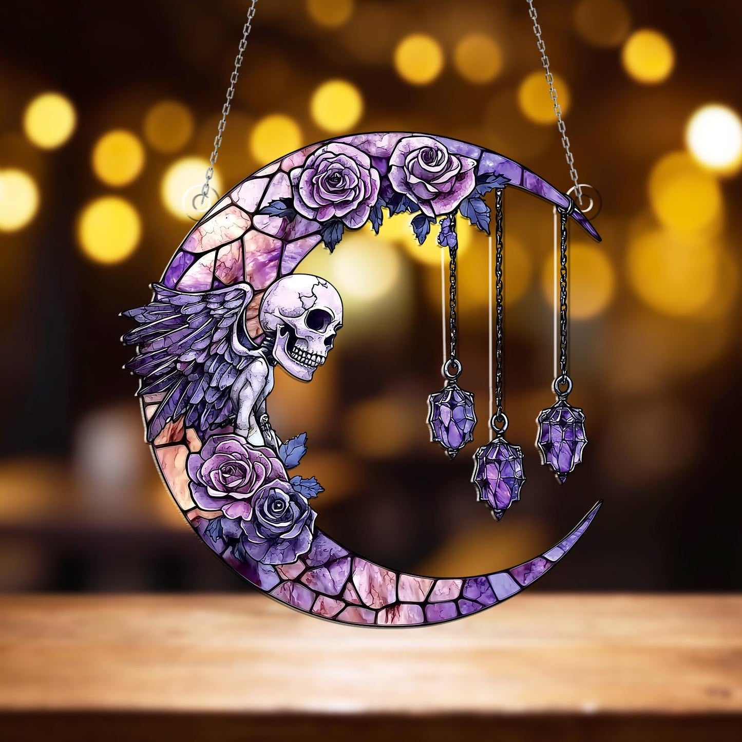 Gothic Moon Window Hanging with Skull & Angel Wings – Witchy Crystal Sun Catcher, Halloween Wall Decor, Boho Gothic Witch Home Decoration