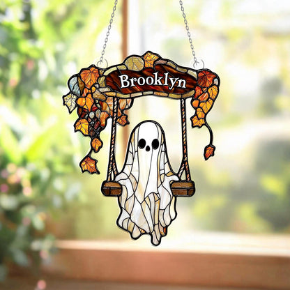 Personalized Ghost Window Hanging with Name – Custom Halloween Window Decoration, Spooky Autumn Wall Art, Cute Gothic Home Decor Gift