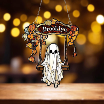 Personalized Ghost Window Hanging with Name – Custom Halloween Window Decoration, Spooky Autumn Wall Art, Cute Gothic Home Decor Gift