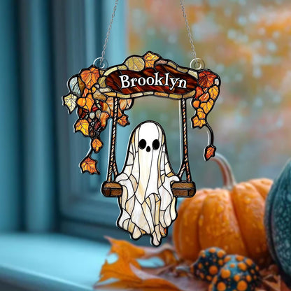 Personalized Ghost Window Hanging with Name – Custom Halloween Window Decoration, Spooky Autumn Wall Art, Cute Gothic Home Decor Gift