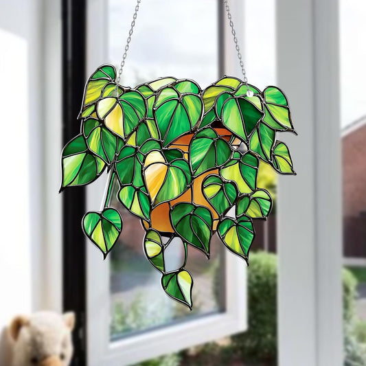 Green Leaf Window Hanging with Potted Plant Design – Nature Inspired Home Decoration, Boho Wall Art, Botanical Window Decor Gift Idea