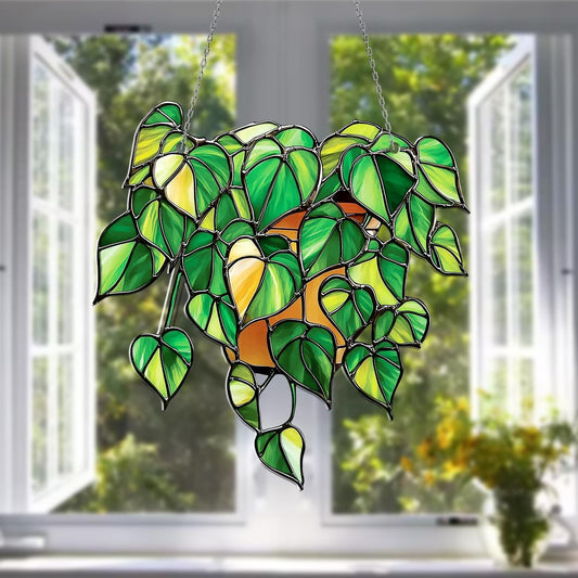 Green Leaf Window Hanging with Potted Plant Design – Nature Inspired Home Decoration, Boho Wall Art, Botanical Window Decor Gift Idea