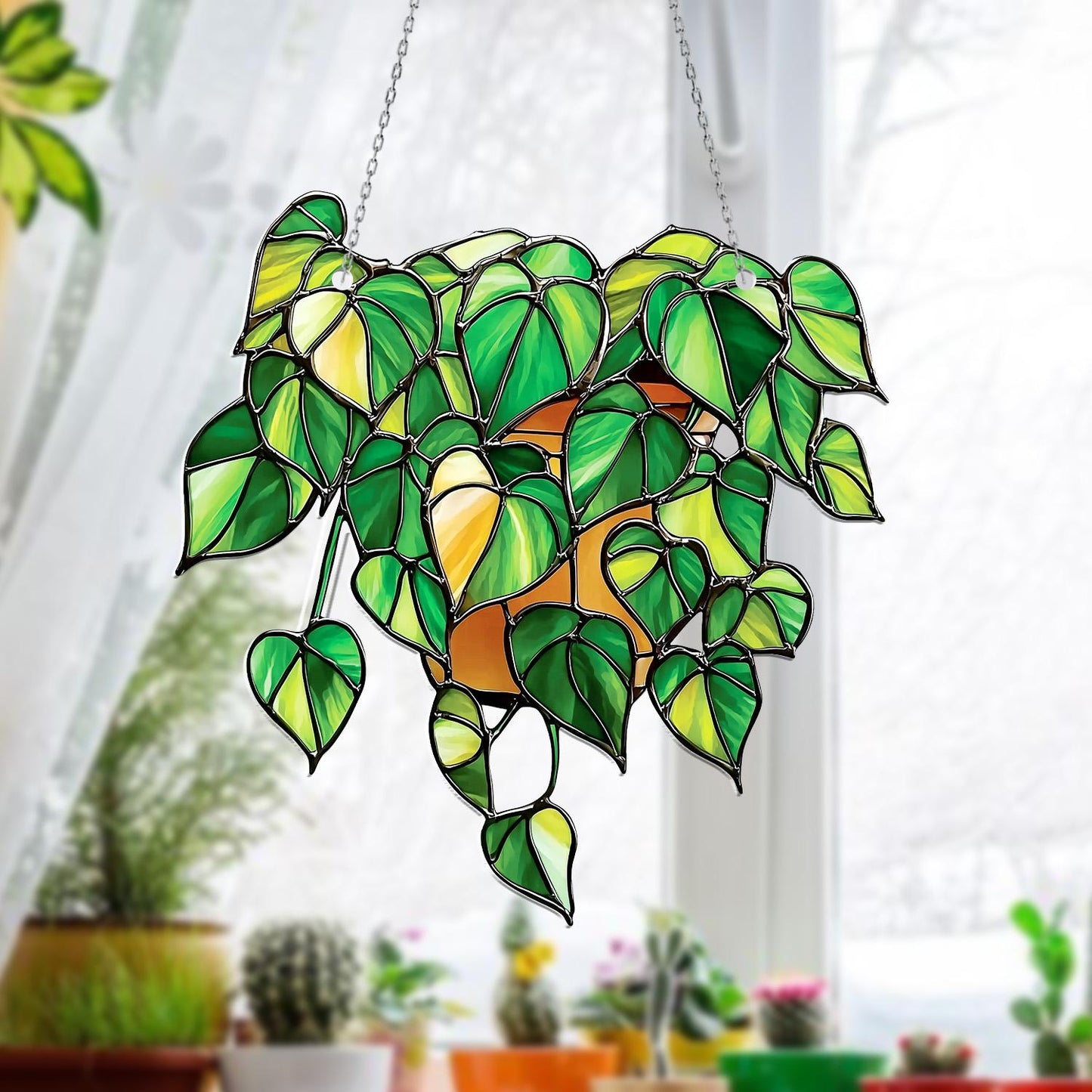 Green Leaf Window Hanging with Potted Plant Design – Nature Inspired Home Decoration, Boho Wall Art, Botanical Window Decor Gift Idea
