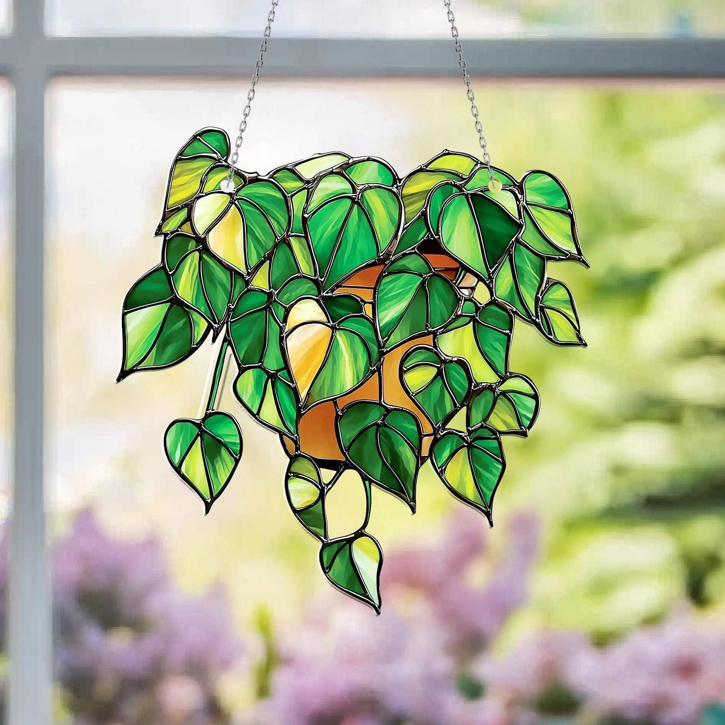 Green Leaf Window Hanging with Potted Plant Design – Nature Inspired Home Decoration, Boho Wall Art, Botanical Window Decor Gift Idea