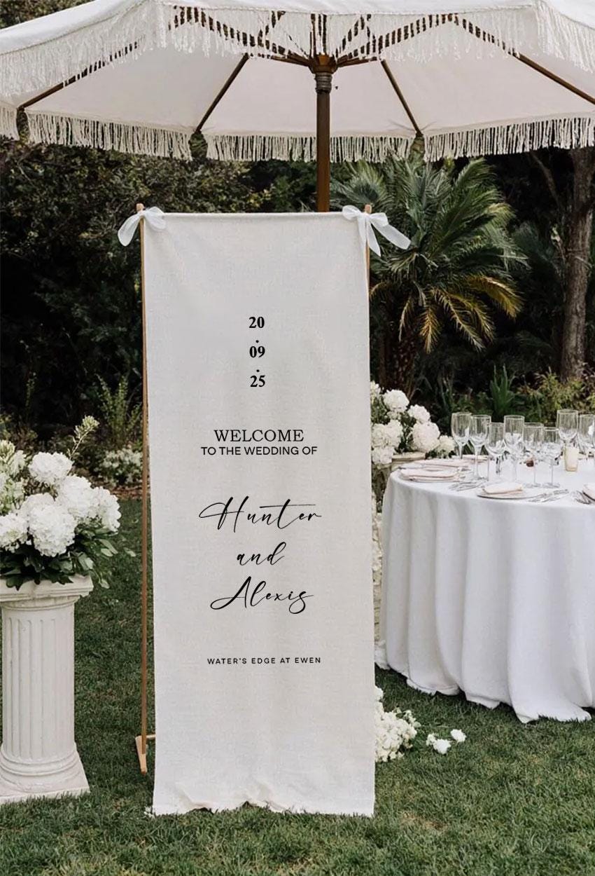 Minimalist Wedding Welcome Sign, Custom Fabric Banner, Personalized Ceremony Sign, Modern Wedding Decor, Rustic Outdoor Reception Sign