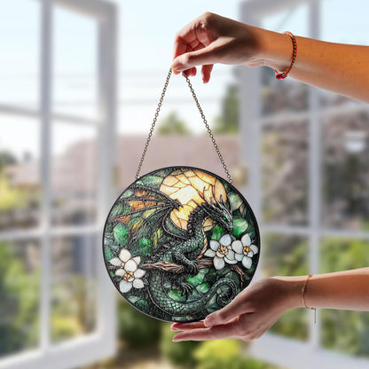 Green Dragon Stained Glass Suncatcher – Fantasy Window Hanging Decoration, Gothic Home Décor, Unique Dragon Lover Gift Ornament