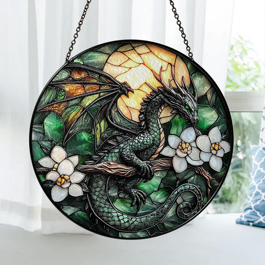 Green Dragon Stained Glass Suncatcher – Fantasy Window Hanging Decoration, Gothic Home Décor, Unique Dragon Lover Gift Ornament