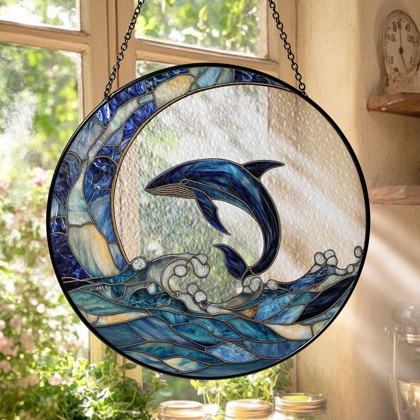 Ocean Dolphin Stained Glass Suncatcher – Blue Dolphin Window Hanging Decoration, Nautical Sea Life Sun Catcher Gift for Beach Lovers