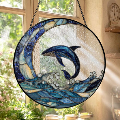 Ocean Dolphin Stained Glass Suncatcher – Blue Dolphin Window Hanging Decoration, Nautical Sea Life Sun Catcher Gift for Beach Lovers