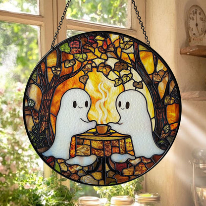 Cute Ghost Stained Glass Suncatcher – Halloween Window Hanging Decoration, Spooky Ghost Coffee Date Sun Catcher Gift for Gothic Home Décor