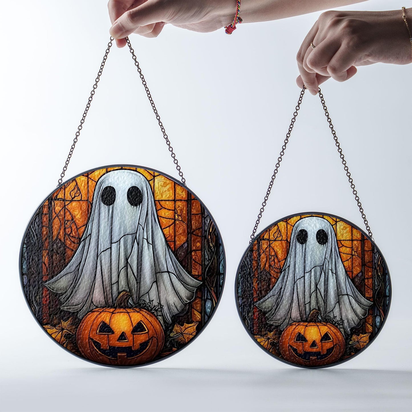 Halloween Ghost Stained Glass Suncatcher – Spooky Ghost with Pumpkin Window Hanging, Gothic Home Décor, Unique Sun Catcher Gift