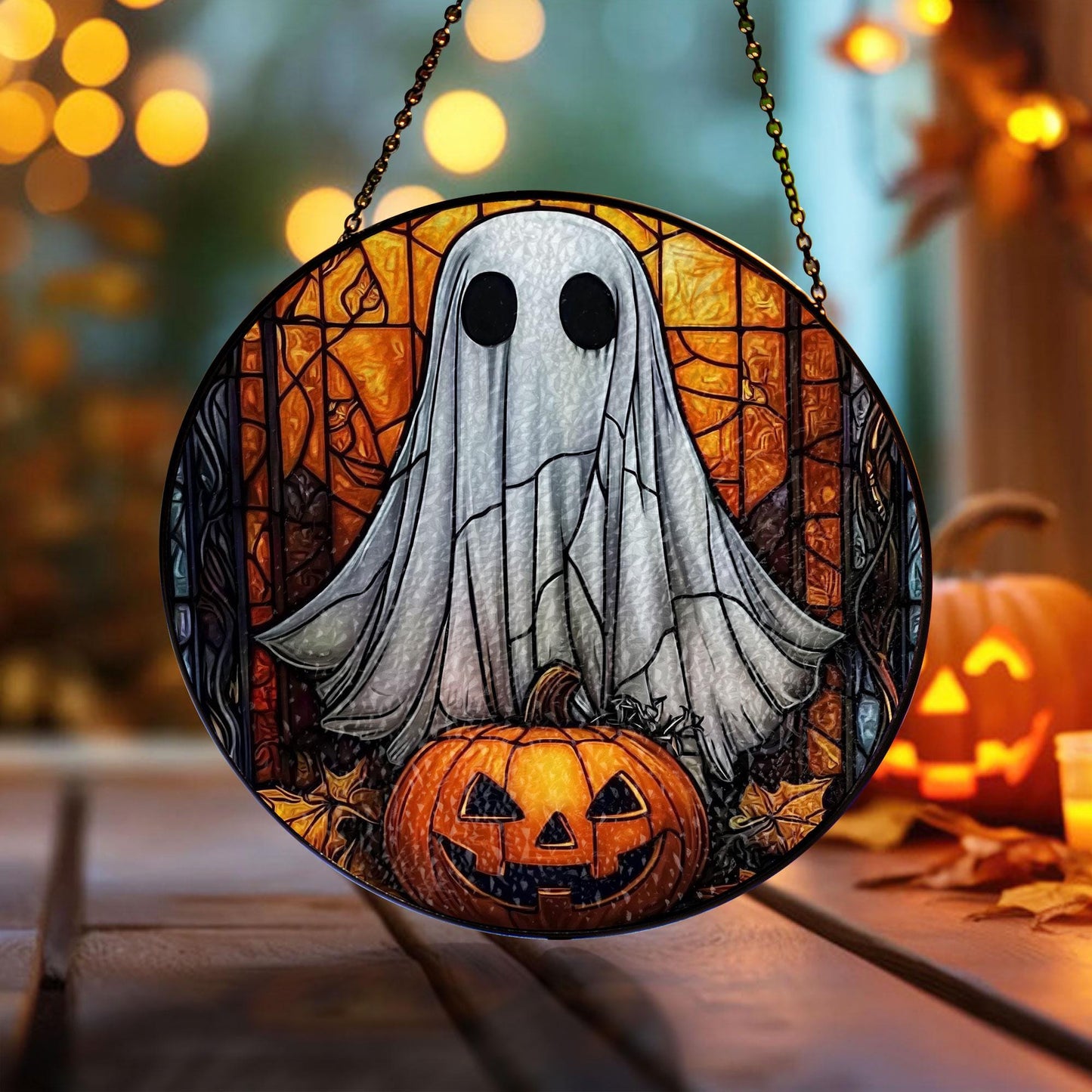 Halloween Ghost Stained Glass Suncatcher – Spooky Ghost with Pumpkin Window Hanging, Gothic Home Décor, Unique Sun Catcher Gift