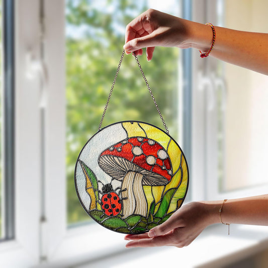 Mushroom Ladybug Stained Glass Suncatcher – Colorful Window Hanging Decoration, Nature Inspired Sun Catcher Gift for Garden and Home Décor