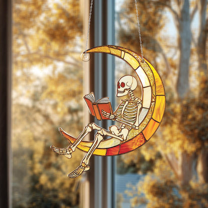 Skeleton Reading on Crescent Moon Window Hanging Decoration for Halloween, Spooky Gothic Home Décor and Unique Stained Art Ornament.