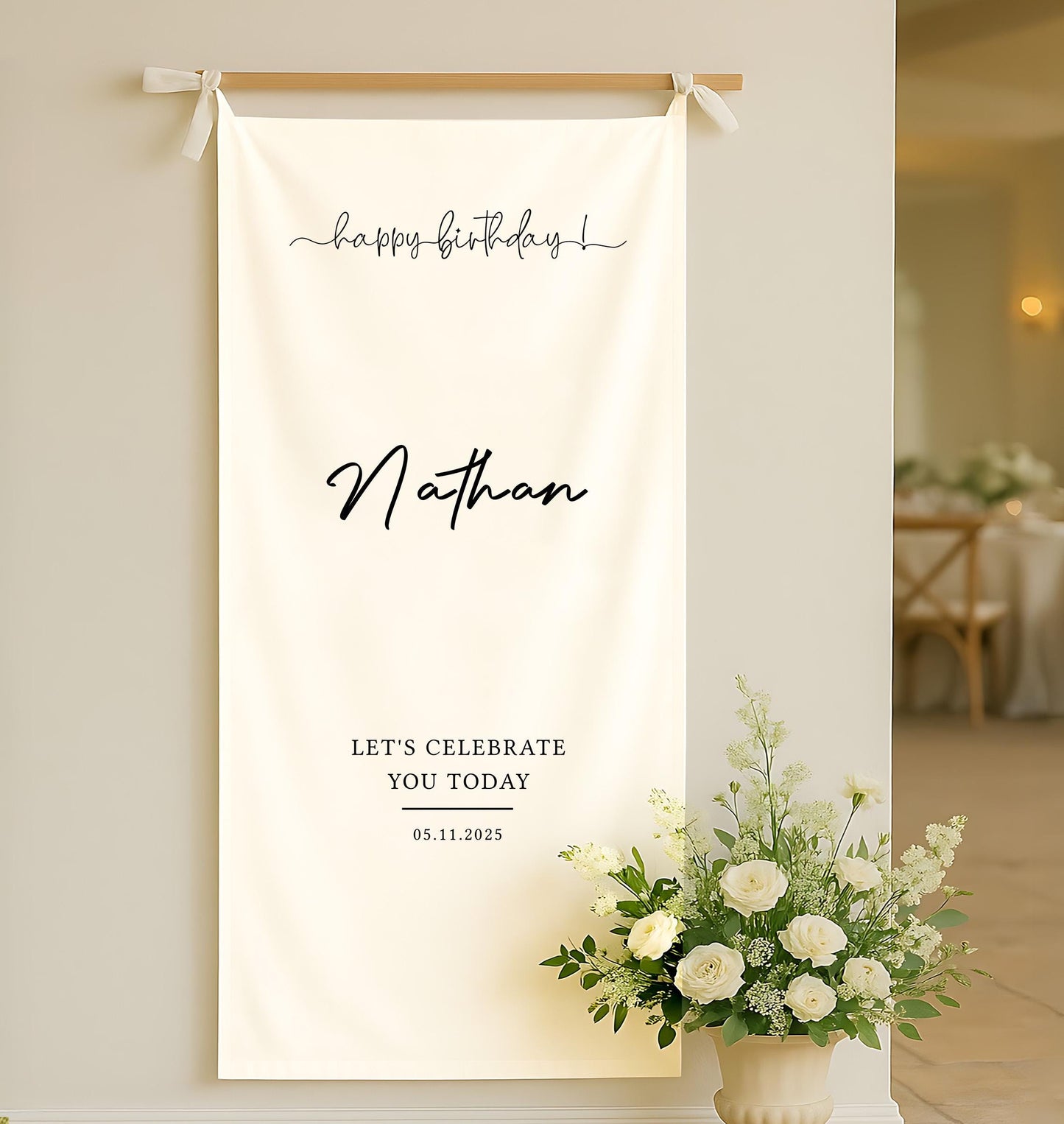 Personalized Linen Birthday Banner, Elegant Linen Fabric Sign, Happy Birthday Decor, Customizable Party Sign, Birthday Decoration