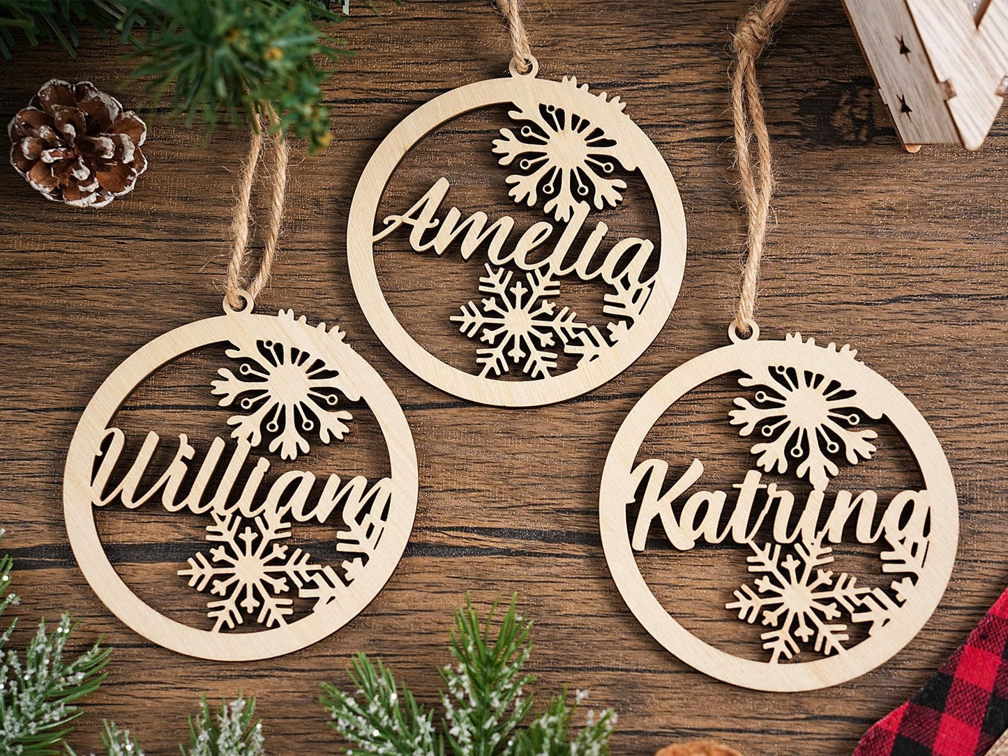 Personalized Wooden Christmas Ornaments, with Custom Family Names, Unique Holiday Gifts, Family Christmas Ornament,Laser Cut Name Ornament