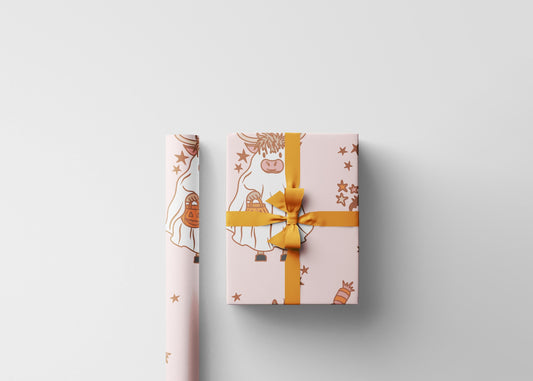 Western Halloween Wrapping Paper Roll, Spooky Highland cow Gift Wrap, Cowboy Halloween Gift Packaging, Rustic Trick or Treat