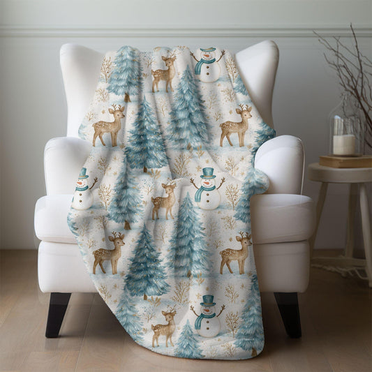 Cute Winter Blanket, Snowy Woodland Fleece Throw, Snowman Deer Blue Spruce Trees Soft Fleece Throw Christmas Cottagecore Décor Family Gift