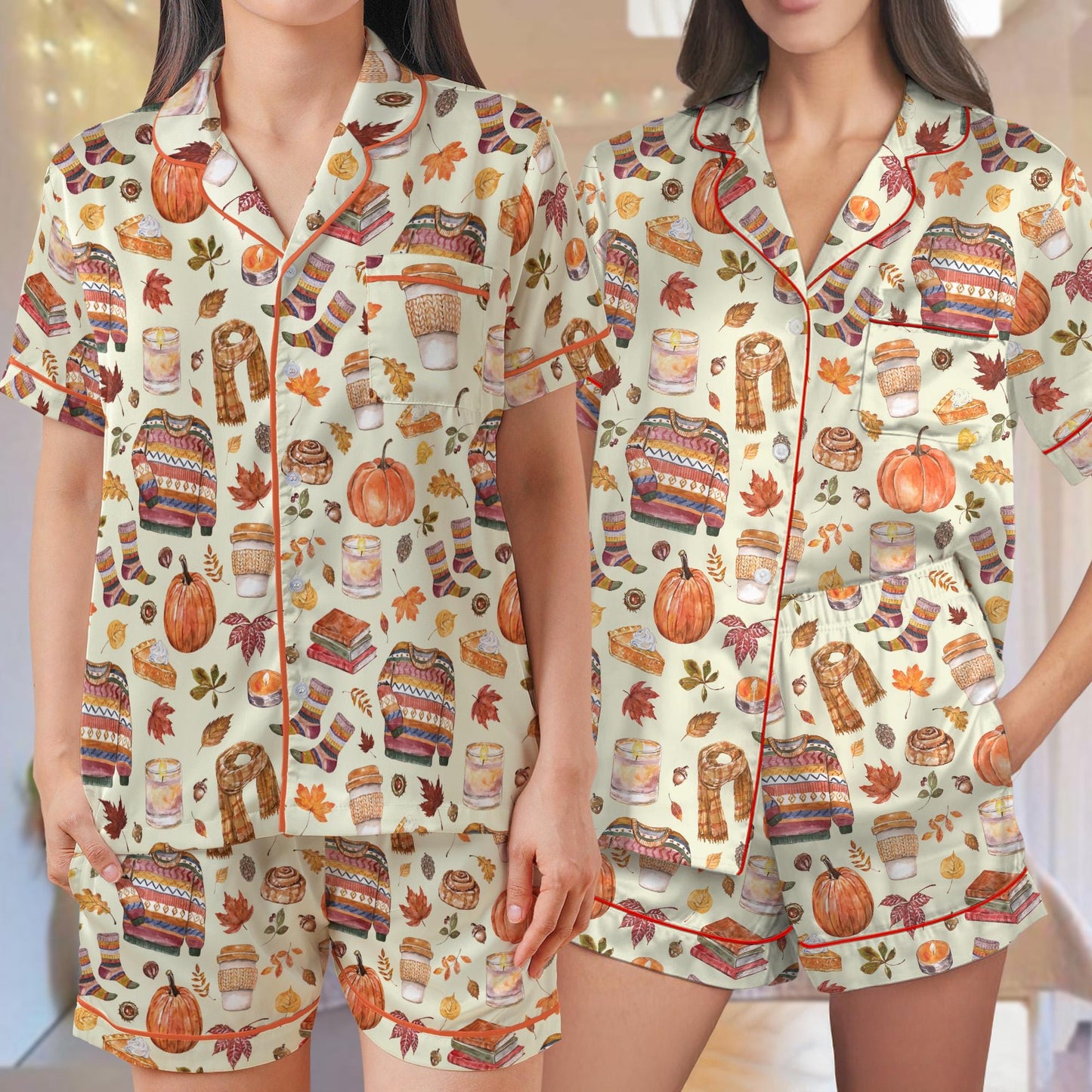 Fall Pajama Set, Pumpkin Season Sleepwear, Fall Harvest Loungewear Set, Autumn Doodle Pajamas, Cozy Season Pjs, Fall Coffee, Fall vibes