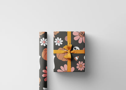 Ghost and Pumpkin Halloween Wrapping Paper Roll, Trick or Treat Spooky Gift Wrap for October Groovy Retro Party Packaging