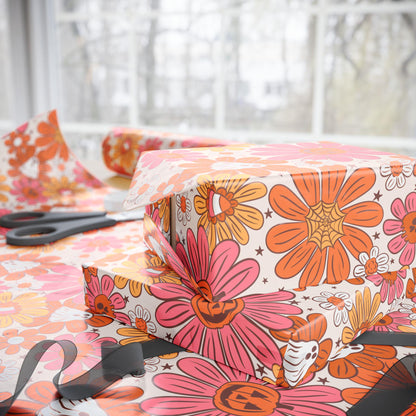 Groovy Halloween Wrapping Paper Roll, Retro 70s Halloween Gift Wrap, Colorful Funky Ghosts and Pumpkins for Spooky Fall Parties