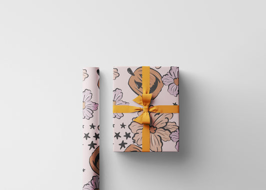 Retro Halloween Wrapping Paper Roll, Vintage-Inspired Gift Wrap with Pumpkins and Florals, Spooky Halloween Party Decor