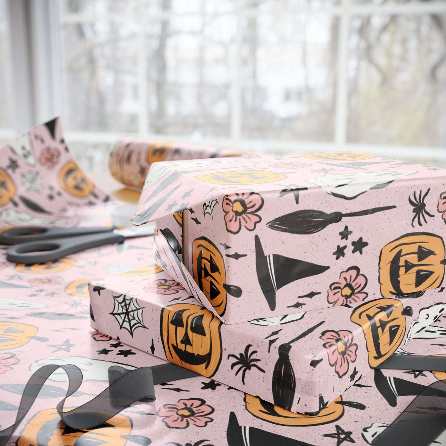 Halloween Wrapping Paper Roll, Retro-Inspired Gift Wrap with Ghosts, Pumpkins and Stars, Vintage Spooky Vibes