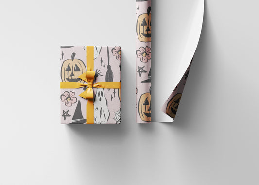 Halloween Wrapping Paper Roll, Retro-Inspired Gift Wrap with Ghosts, Pumpkins and Stars, Vintage Spooky Vibes