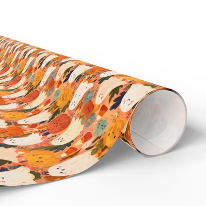 Cute Watercolor Halloween Wrapping Paper Roll, Pastel Ghosts and Pumpkins Gift Wrap, Soft Spooky Fall Party Decor