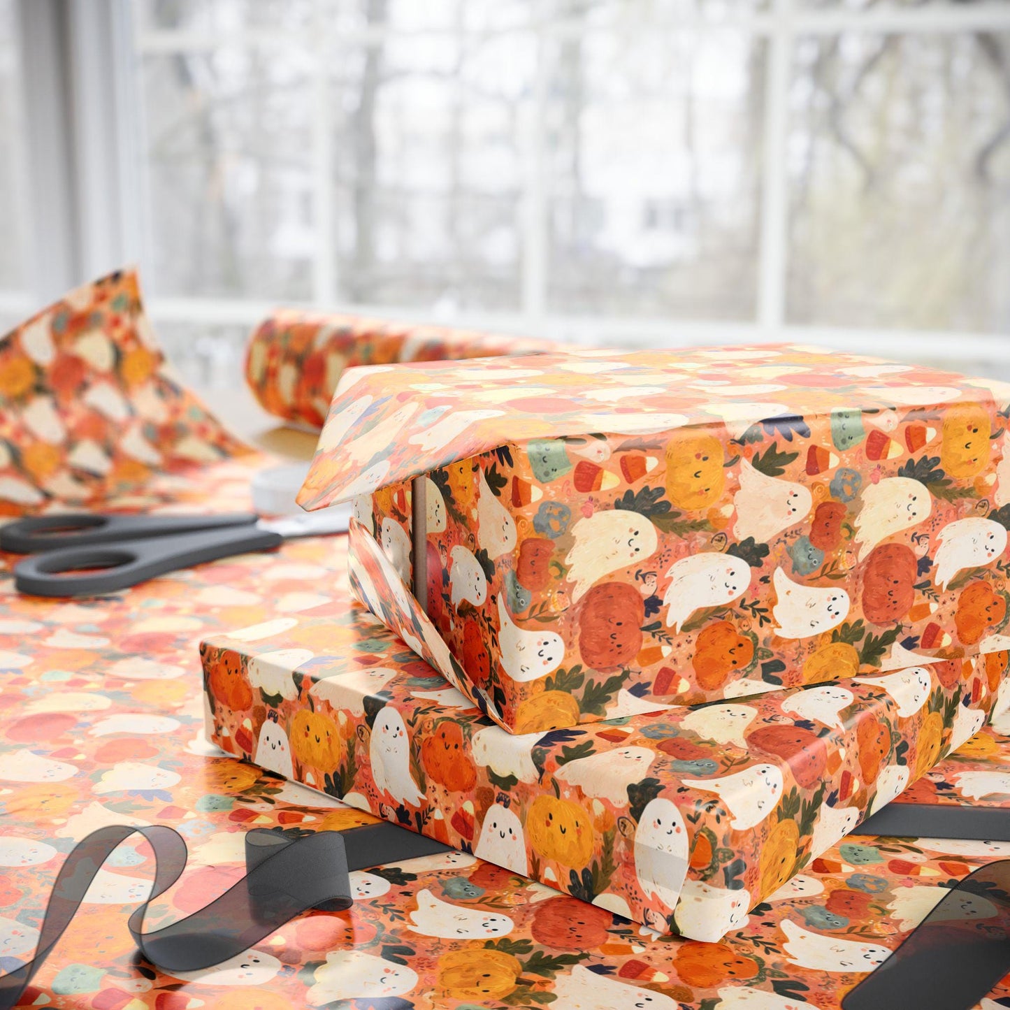Cute Watercolor Halloween Wrapping Paper Roll, Pastel Ghosts and Pumpkins Gift Wrap, Soft Spooky Fall Party Decor