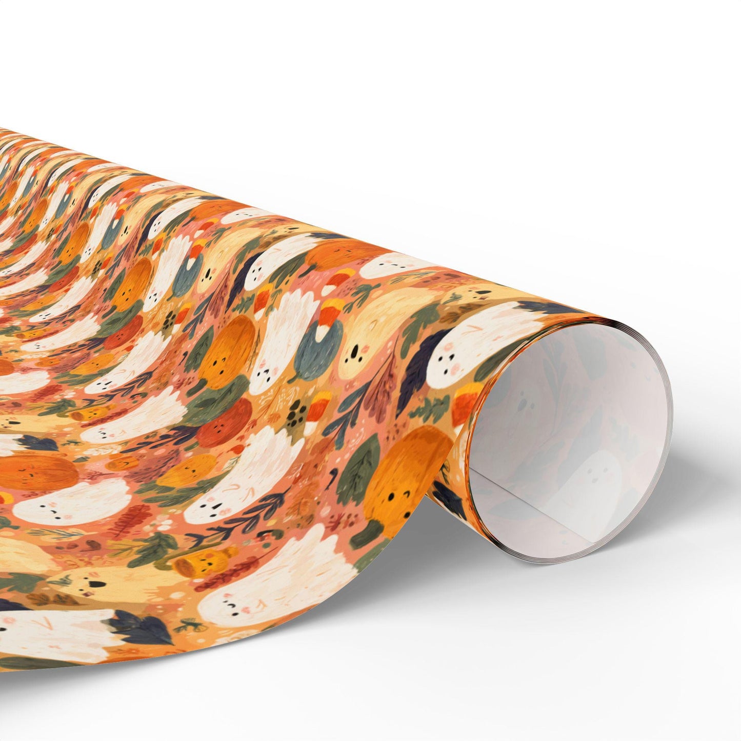 Cute Halloween Wrapping Paper Roll, Watercolor Ghosts and Pumpkins Design, Pastel Fall Gift Wrap for Kids Gifts