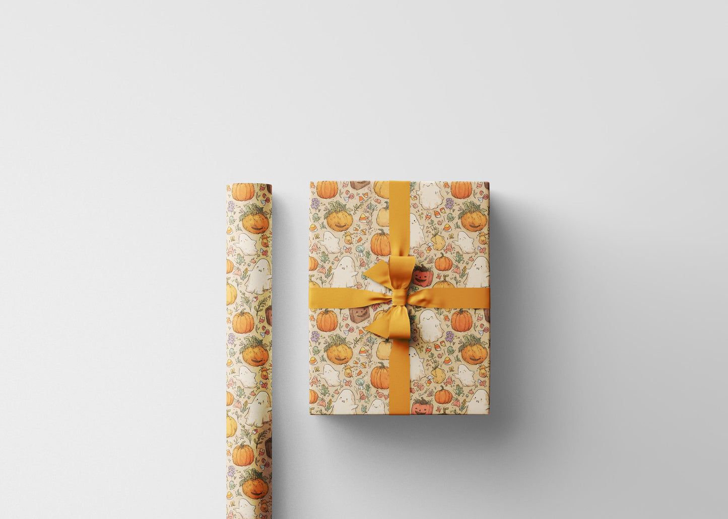 Cute Halloween Gift Wrap Roll, Watercolor Style Wrapping Paper with Ghosts and Pumpkins, Fall Pastel Spooky Vibes