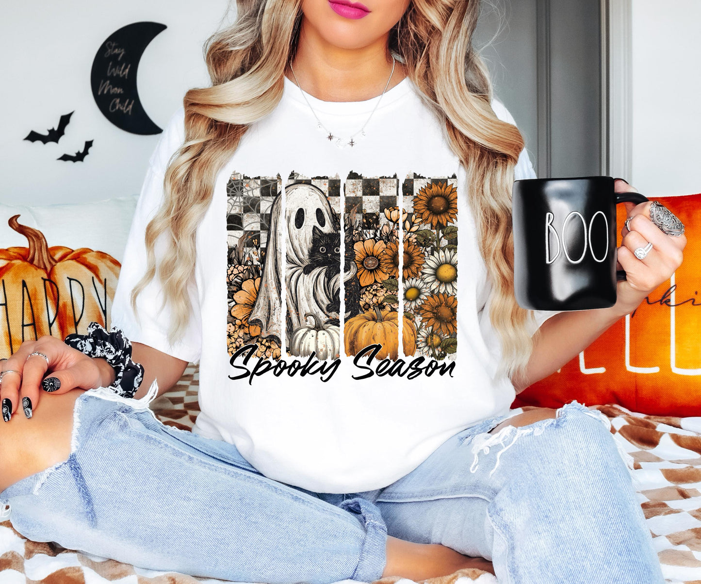 Floral Spooky Season Shirt, Ghost Cat Halloween Shirt, Black Cat Spooky Halloween Sweatshirt, Flower Checkered Horror Halloween T-Shirt