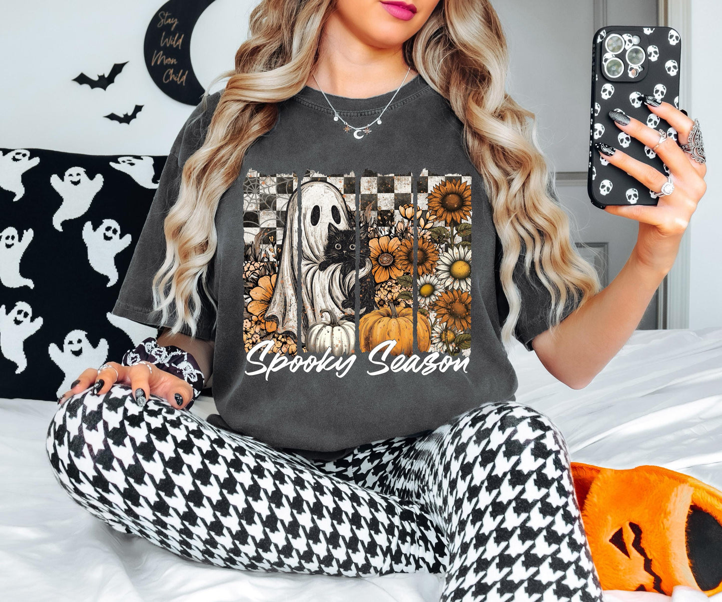 Floral Spooky Season Shirt, Ghost Cat Halloween Shirt, Black Cat Spooky Halloween Sweatshirt, Flower Checkered Horror Halloween T-Shirt