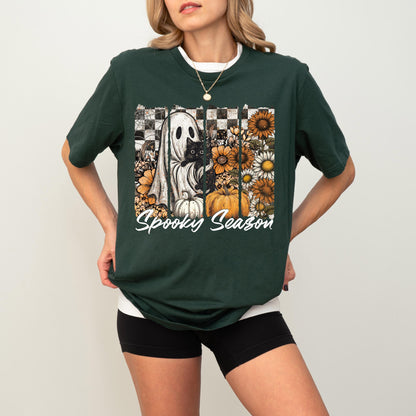 Floral Spooky Season Shirt, Ghost Cat Halloween Shirt, Black Cat Spooky Halloween Sweatshirt, Flower Checkered Horror Halloween T-Shirt