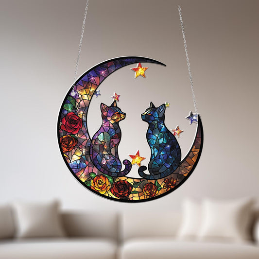 Romantic Cat Moon Window Hanging, Celestial Decor with Stars and Roses, Couple Gift, Cat Lover Decoration for Bedroom or Living Room