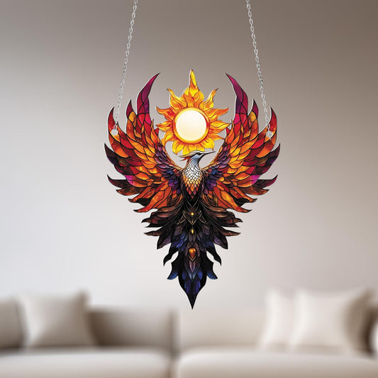 Phoenix Bird Window Hanging with Rising Sun, Fire Element Home Decor, Mythical Creature Ornament, Gift for Strength and Transformation
