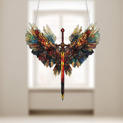 Sword and Wings Window Hanging, Fantasy Warrior Decor, Angelic Protection Ornament, Bold Medieval Style Gift for Him, Heroic Home Accent