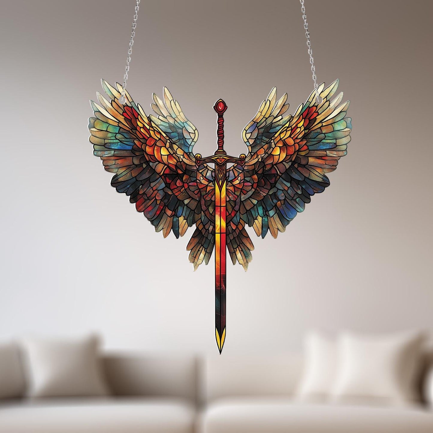 Sword and Wings Window Hanging, Fantasy Warrior Decor, Angelic Protection Ornament, Bold Medieval Style Gift for Him, Heroic Home Accent