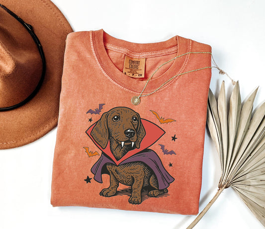 Comfort Colors® Dachshund Vampire Halloween Shirt, Dog Mom Shirt, Vintage Halloween Tee, Wiener Dog Vampire Shirt, Spooky Dog Owner Gift