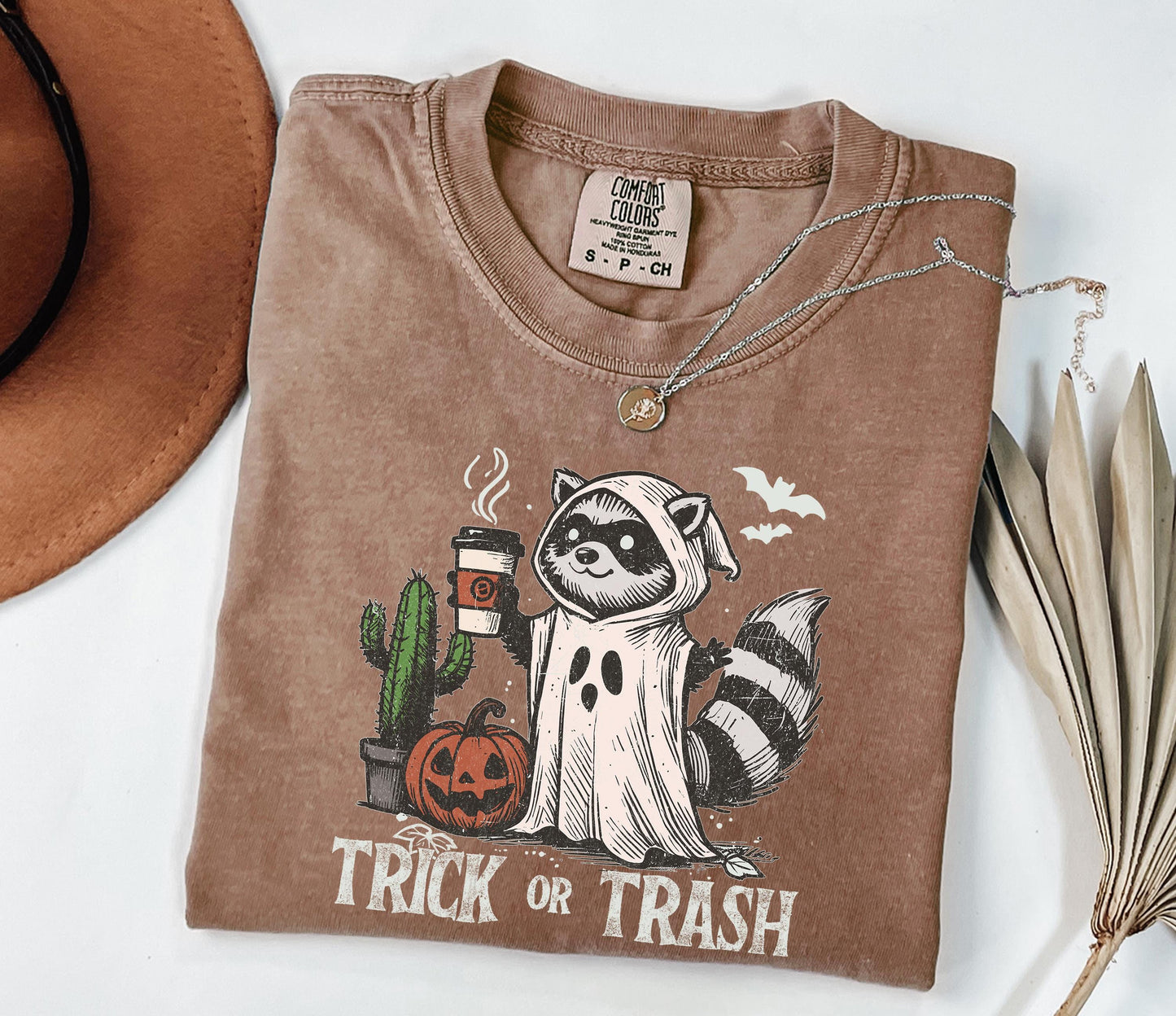 Comfort Colors® Trick Or Trash Shirt, Ghost Raccoon Drinking Coffee Shirt, Spooky Season Raccoon Tee,Halloween Raccoon Shirt,Halloween Gift