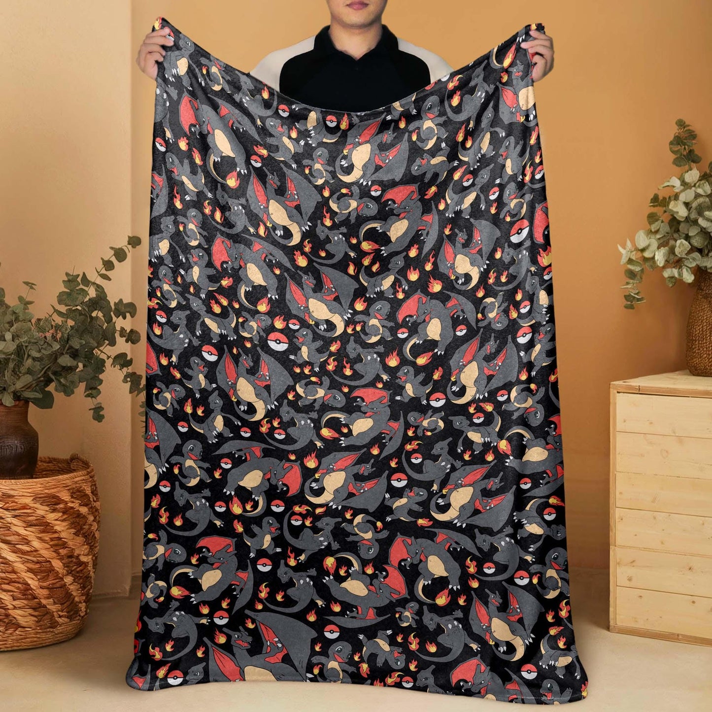 Charizard and Charmander Fleece Blanket, Fire Dragon Throw Blanket, Cozy Blanket for Bedroom Decor, Charizard Blanket Gifts