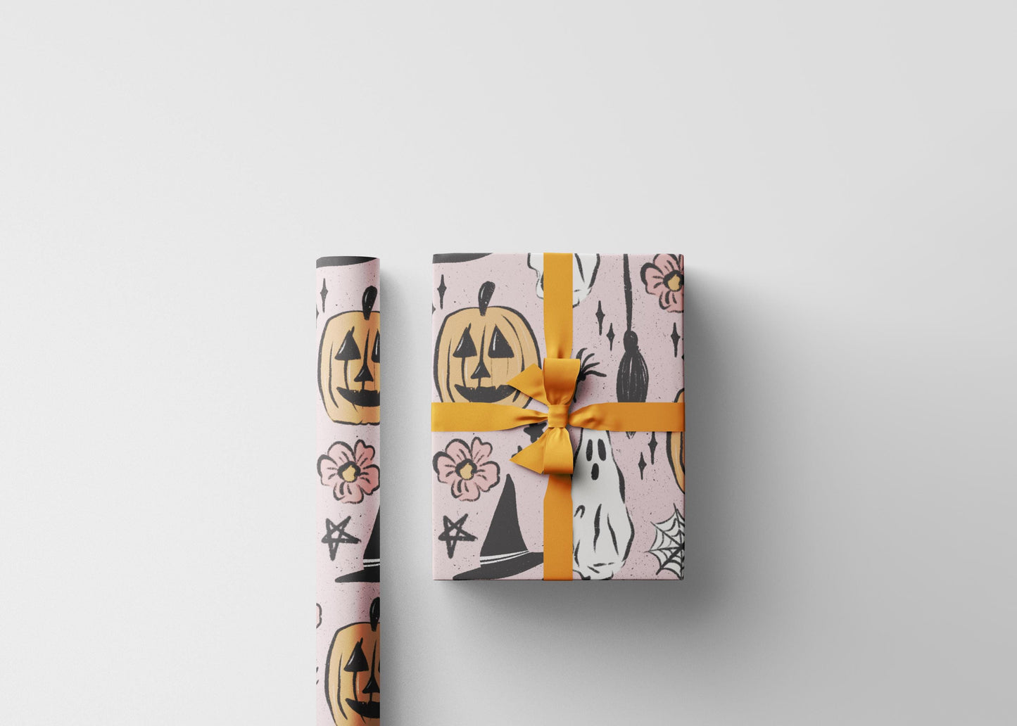 Halloween Wrapping Paper Roll, Retro-Inspired Gift Wrap with Ghosts, Pumpkins and Stars, Vintage Spooky Vibes