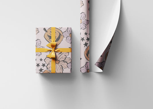 Retro Halloween Wrapping Paper Roll, Vintage-Inspired Gift Wrap with Pumpkins and Florals, Spooky Halloween Party Decor