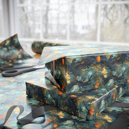 Spooky Forest Halloween Wrapping Paper Roll, Haunted Tree and Foggy Woods Gift Wrap for Scary October Packaging