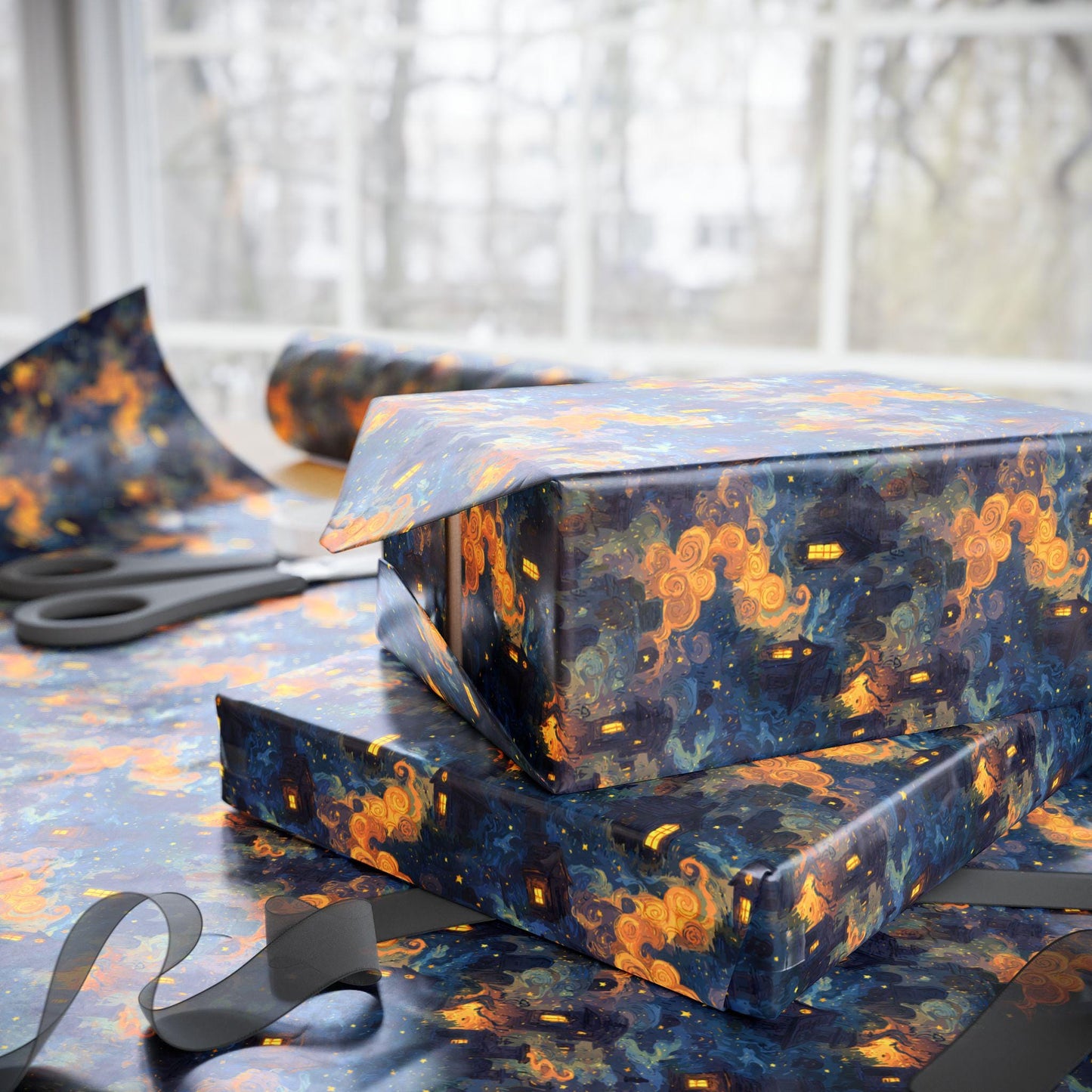 Halloween Wrapping Paper Roll with Haunted Mansion Design, Spooky Ghosts and Moonlit Night for Trick or Treat Gifts